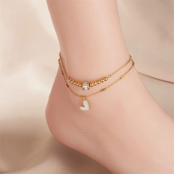 Modeschmuck Boho Classic Love Heart Knöchelkette Double Layer Chain Armband Fußkettchen Charm Tassel Leg Chain On Foot Chain Women Partyschmuck Zubehör – Bild 4