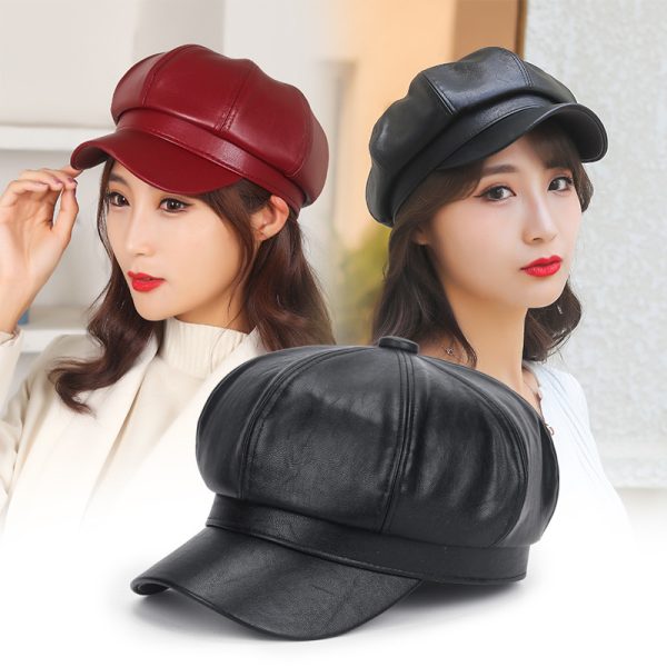 Herbst Winter Retro Beret Damen Pu Leder einfarbig