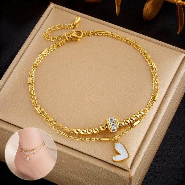 Modeschmuck Boho Classic Love Heart Knöchelkette Double Layer Chain Armband Fußkettchen Charm Tassel Leg Chain On Foot Chain Women Partyschmuck Zubehör