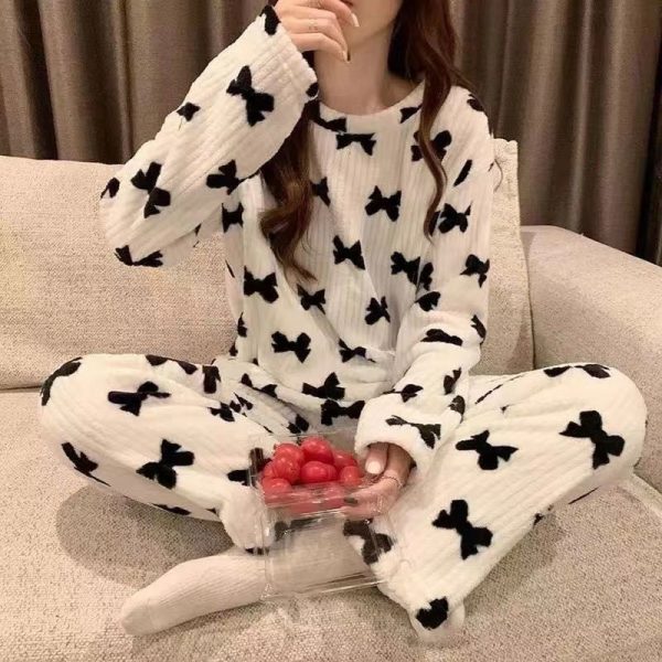 Damen Schlafanzug Herbst Winter Warme Pyjamas Sets Dicke Koralle Lange Ärmel Niedlich Cartoon Bär Schlafanzug Haus Nachtwäsche – Bild 7