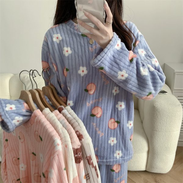 Damen Schlafanzug Herbst Winter Warme Pyjamas Sets Dicke Koralle Lange Ärmel Niedlich Cartoon Bär Schlafanzug Haus Nachtwäsche – Bild 8