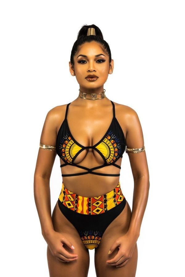 African Print Zweiteilige Badeanzüge Bikini Set Sexy Geometrische Badebekleidung Badeanzug Goldene Hohe Taille Badeanzug – Bild 3