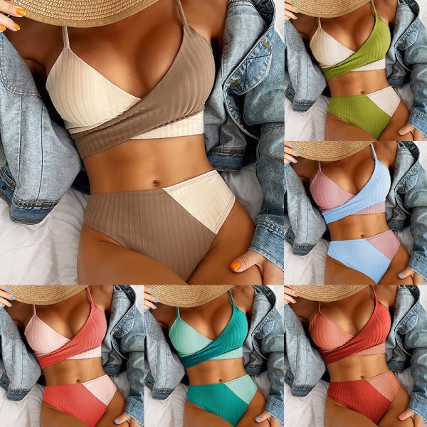 Bikini Patchwork Bademode Gerippte Damen Badeanzug Knoten Rücken Bademode Gerüschter Hintern Biquinis Badeanzüge