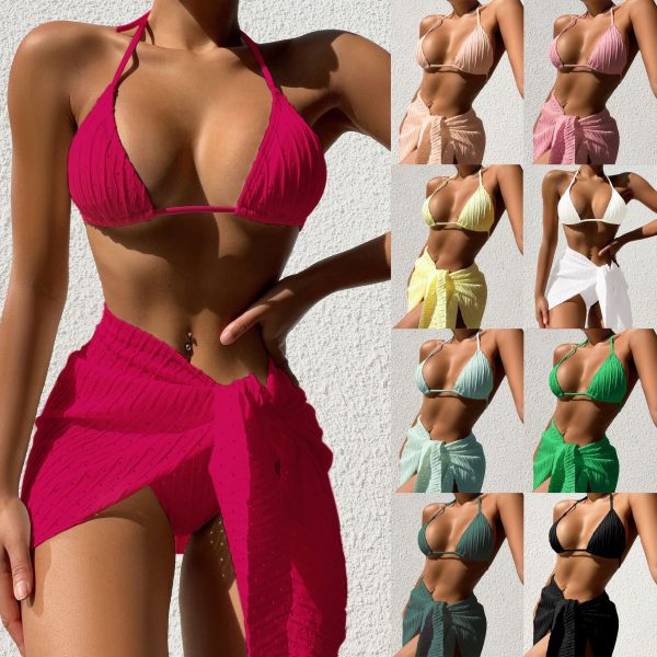 3pcs Halterneck Badeanzug Set Strand solide Farbe Sexy Backless Bikini mit Mesh Rock Sommer Damen Kleidung