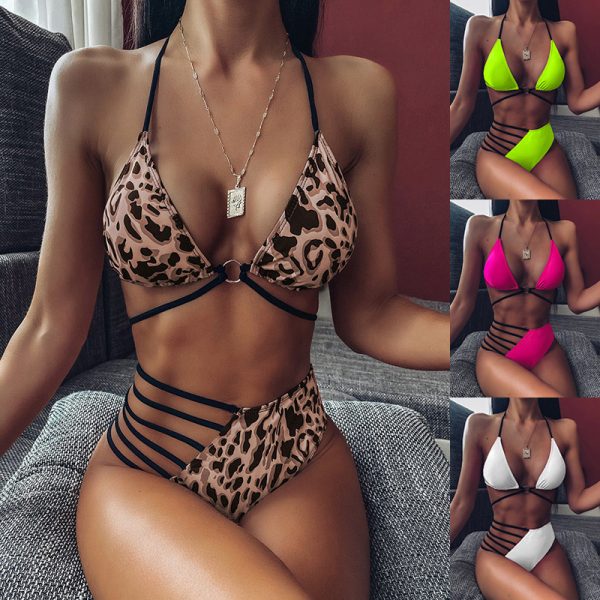 Zweiteiliger Neckholder Bikini Leopard Print Cutout Strap Badeanzug Set Sommer Strand Damenbekleidung